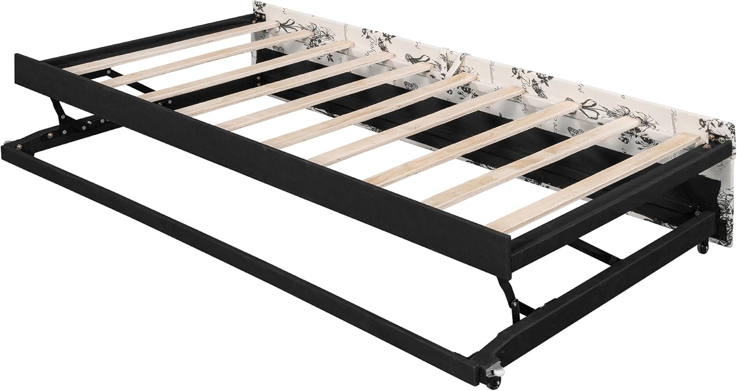 Ball & Cast Twin Size Upholstered Daybed with Pop-Up Trundle & USB Ports, Day Bed Frame with Wave Shaped Arms,Extendable Trundle Bed Twin to King Design,No Box Spring Needed,White Tossed Botanical