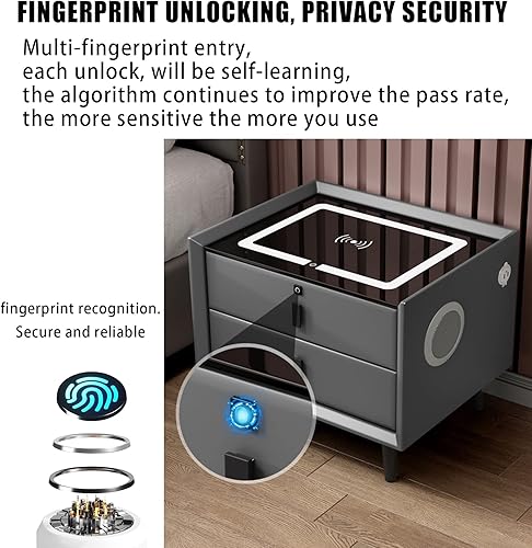 Miniatura 6 de TBQATNTS Mesita de noche con estación de carga, con bloqueo de huellas dactilares, mesa auxiliar de dormitorio de tres cajones con altavoces y luces