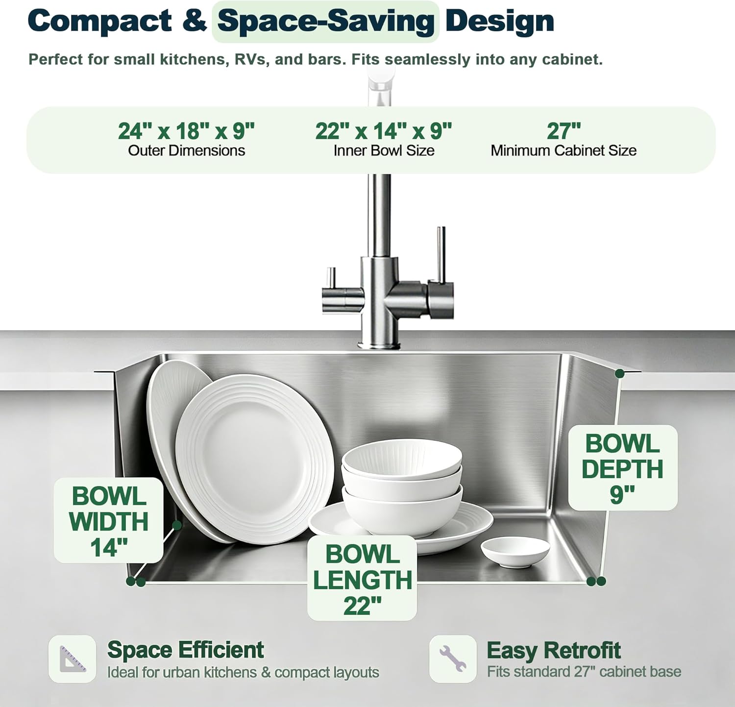 24x18 Inch Kitchen Sink Drop In, Premium T-304 Grade Stainless Steel Sink, 9" Deep Single Bowl with Brushed Finish, R10 Tight Corner,Topmount with 2 Holes, for Modern Kitchen/RV Sink