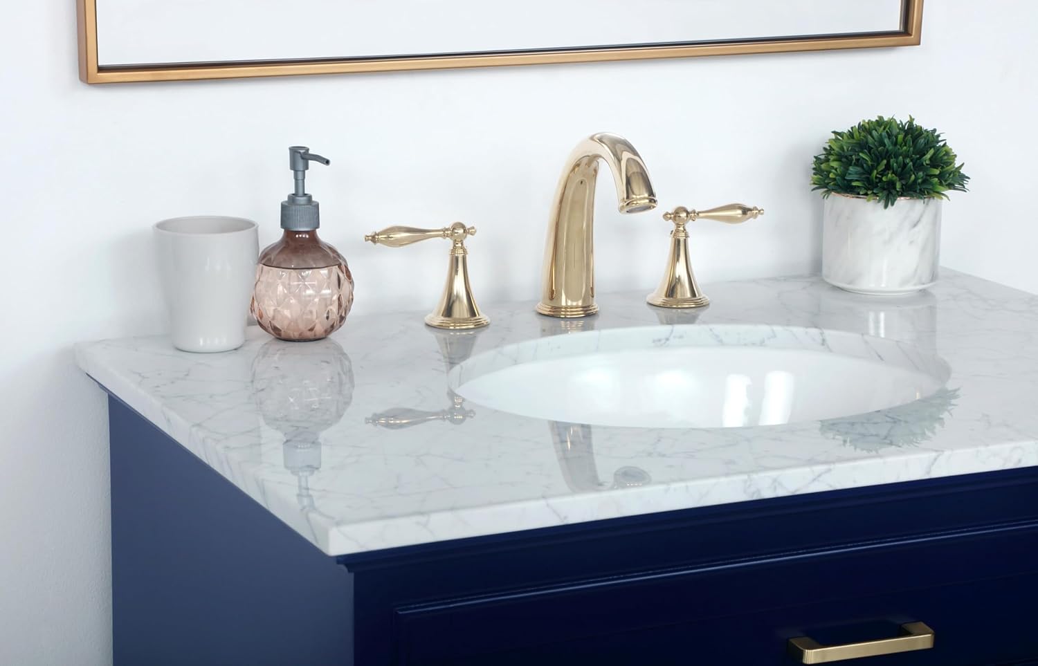 32 Single Bathroom Vanity, with Carrara White Marble Top Soft-Close, Blue