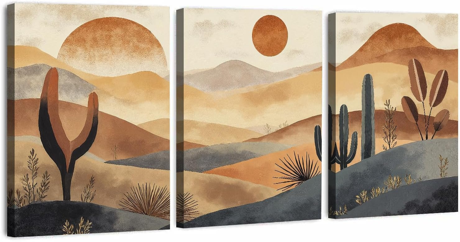 Sunset Arizona Desert Landscape Wall Art Vintage Tropical Nature Scenery Wall Decor Bedroom Bathroom Boho Southwestern Cactus Botanical Canvas Prints Artwork Office Kitchen Home Decorations 12x16" 3P