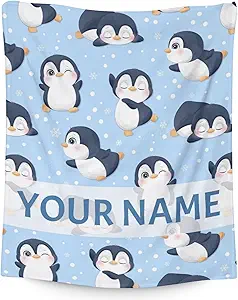 Custom Penguin Blankets with Name - Soft Warm Blanket Throw for Kids, Adults - 60"x80" Flannel Blankets for Bed, Couch, Sofa - Blue Cute Blanket Gifts