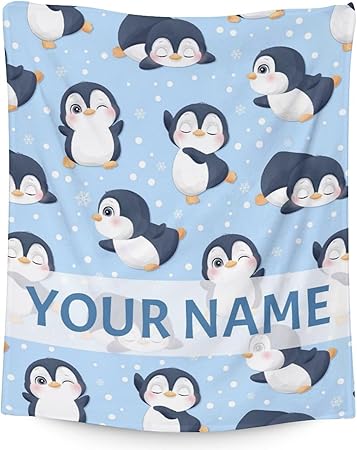 Custom Penguin Blankets with Name - Soft Warm Blanket Throw for Kids, Adults - 60"x80" Flannel Blankets for Bed, Couch, Sofa - Blue Cute Blanket Gifts