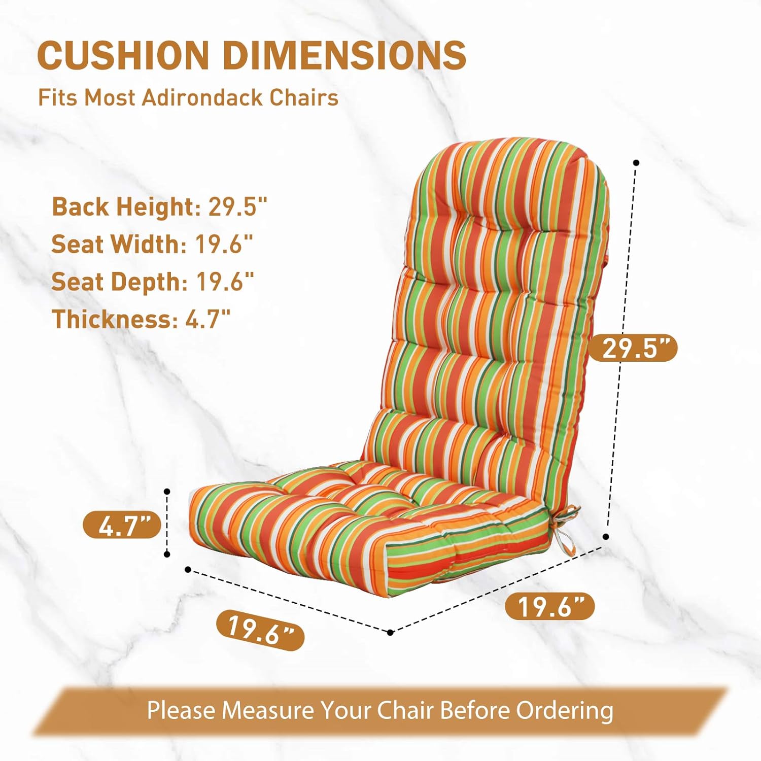 EAGLE PEAK High Back Adirondack Chair Cushions, 5" Thick Non Slip Tufted Cushion for Outdoor Patio Rocking Chairs, 49x20x5 in, Set of 2, Rainbow