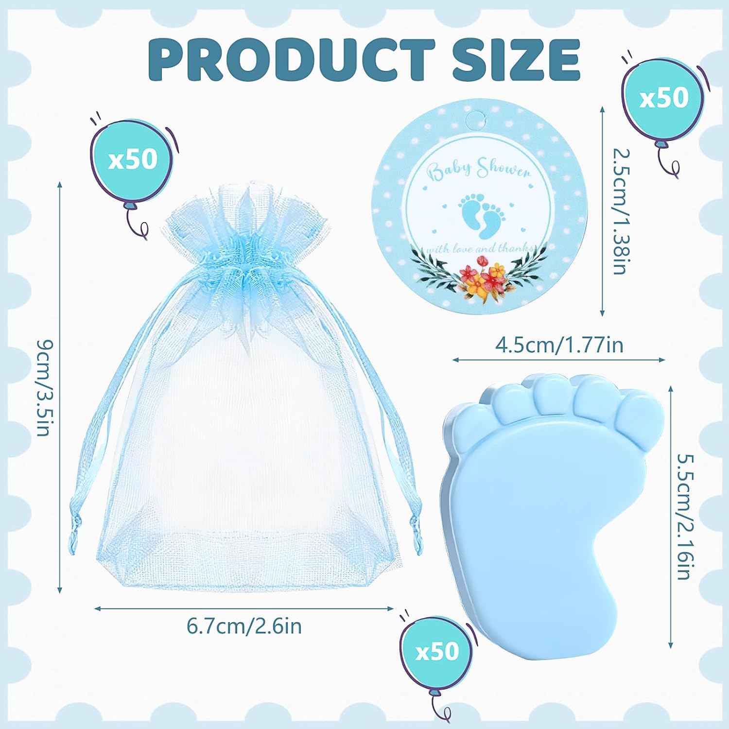 50 Stück Baby-Party-Gastgeschenke, niedlich, handgefertigt, Baby-Fußabdruck, duftende Seifen, Dankeschön, Rückgabe, Preise mit Taschen und Dankeschön-Etiketten für Hochzeit, Geburtstag, Party, Gäste