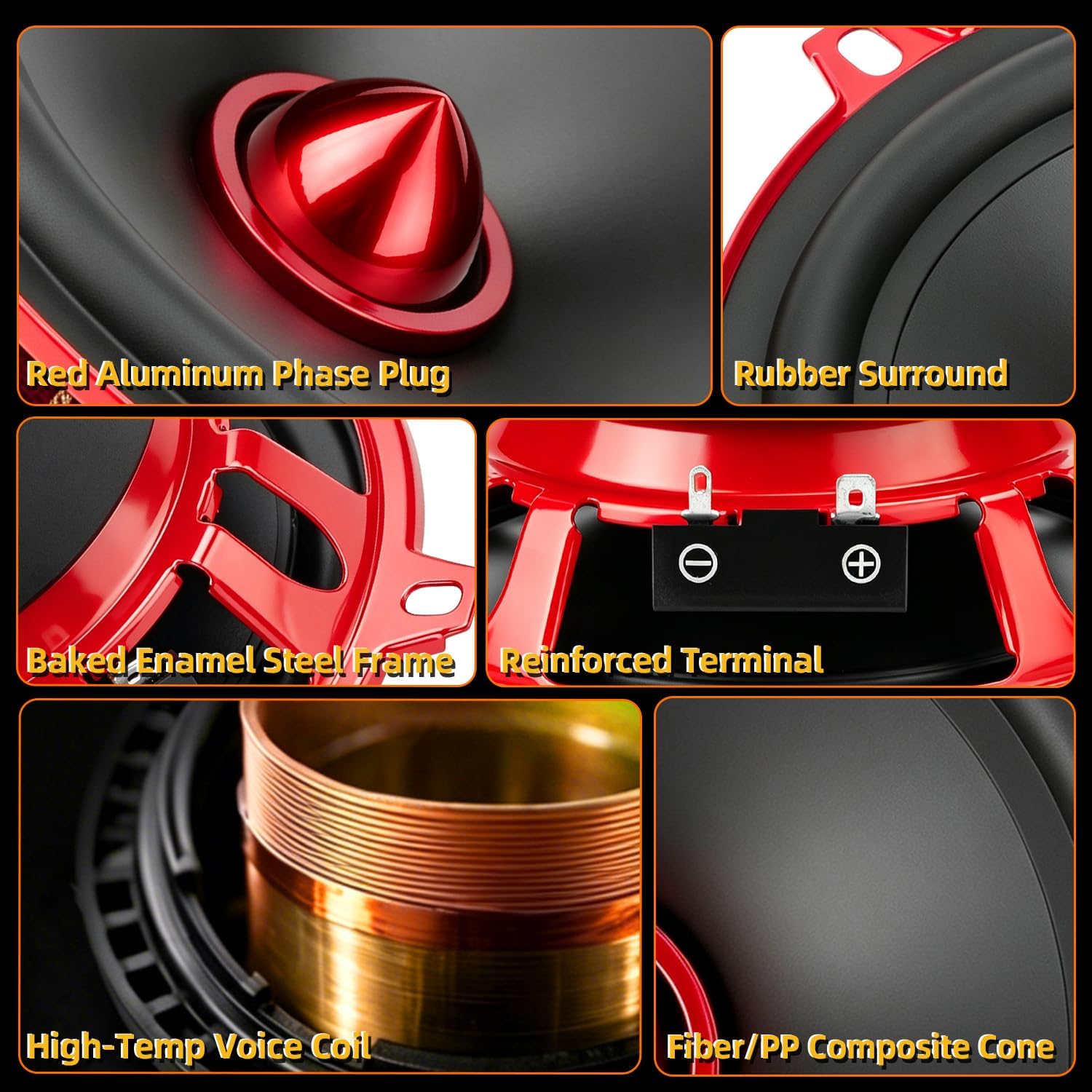 5.25 Inch Car Speakers 600W Woofer Red Aluminum Bullet 4 Ohm Midrange Audio