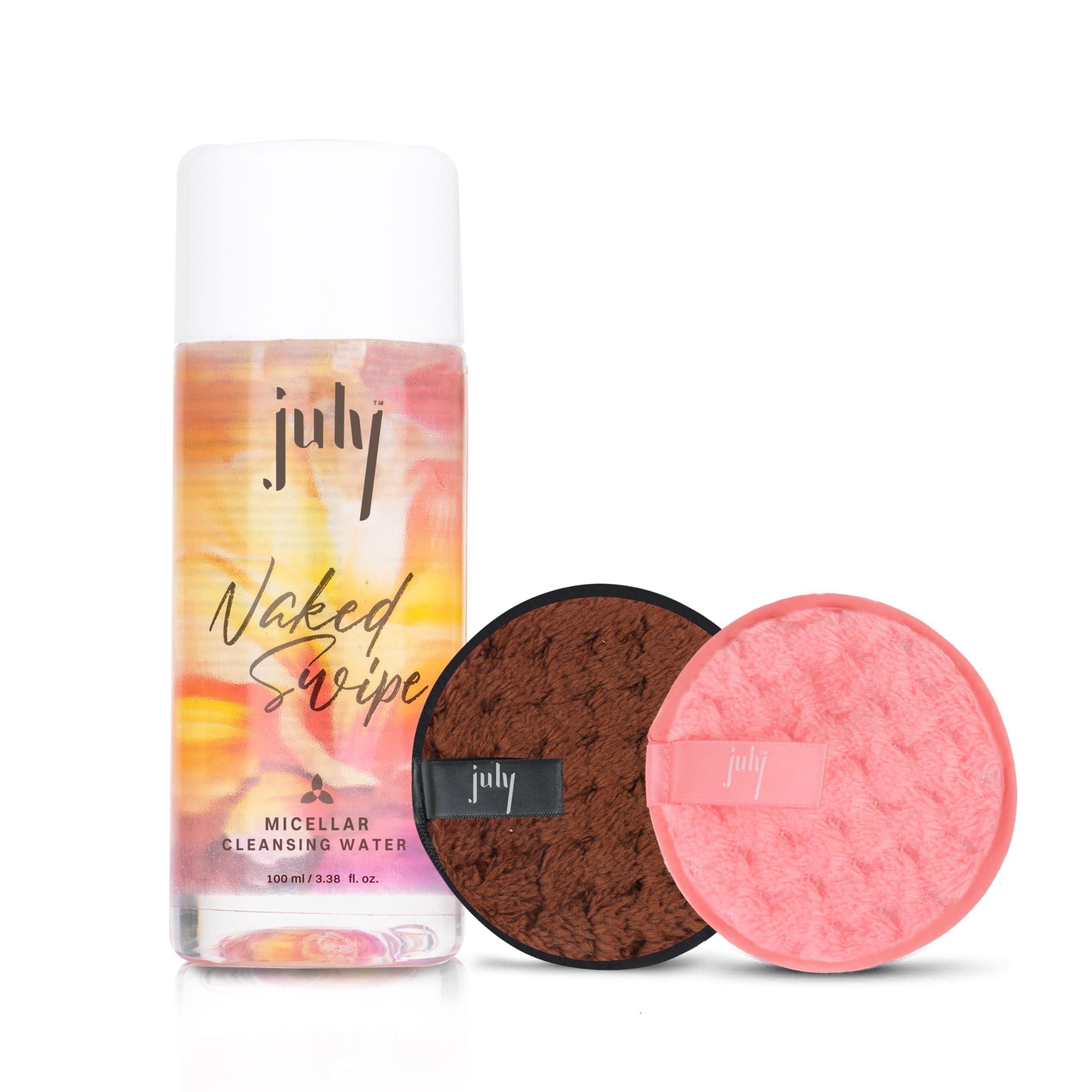 July Micellar Cleansing Water 100ml With Makeup Remover Pad (Pink & Brown, Small) |No Rinse Makeup Remover Cleanser | Removes Daily Stubborn Makeup, Waterproof Makeup, SPF & Impurities | All Skin Types