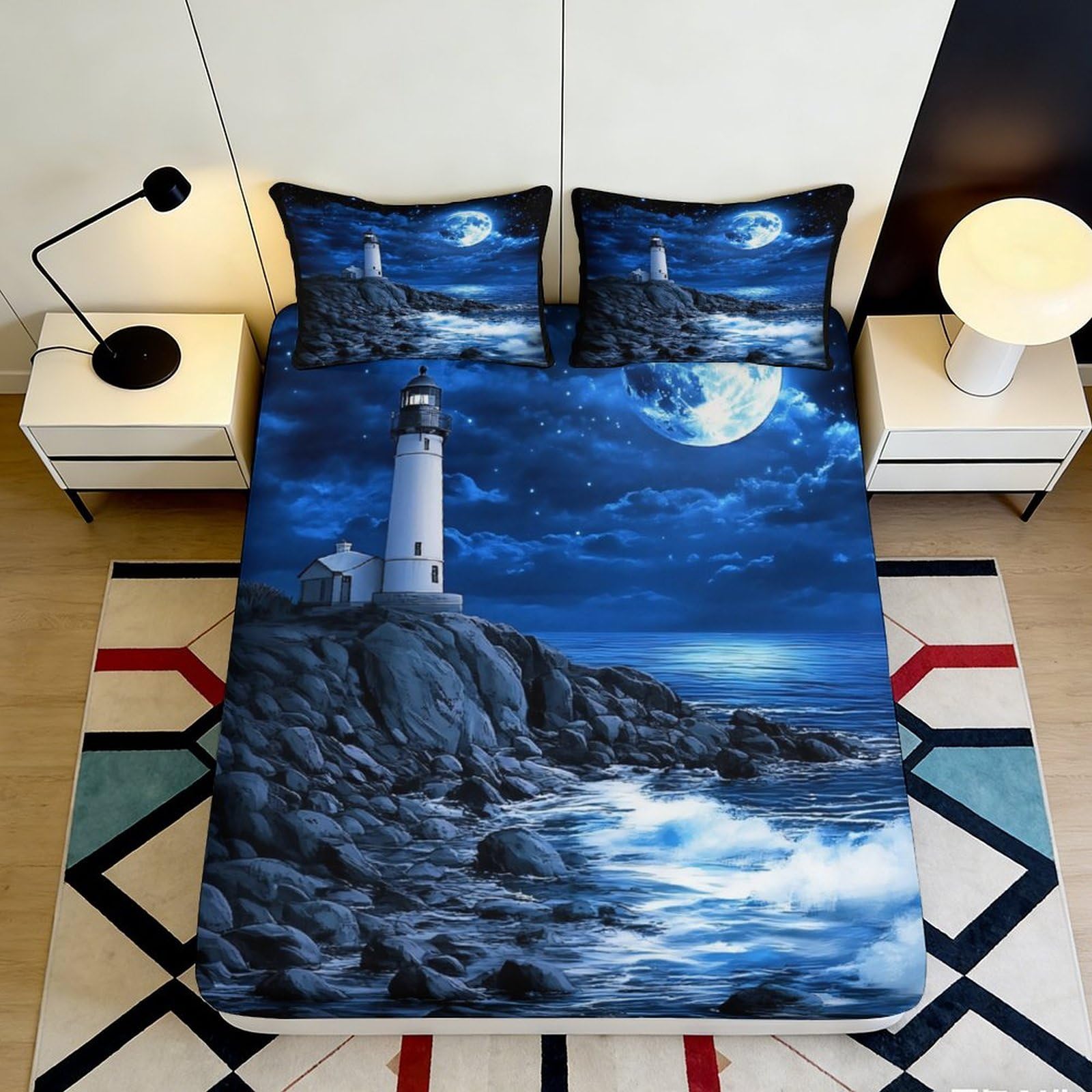 3D Printed Moonlight Lighthouse Fitted Sheet Microfiber Soft Blue Ocean Waves Mattress Cover Bedroom Decor 90x200x25cm