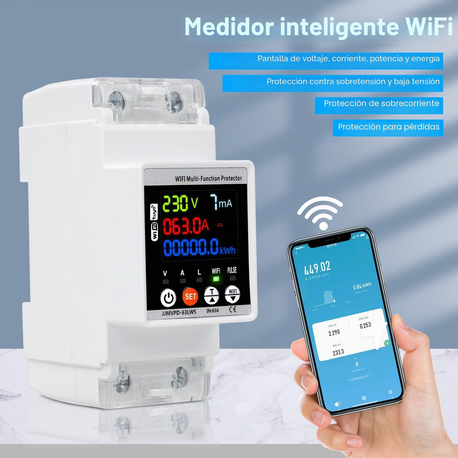 63A Wifi Medidor de Electricidad Protección automática contra sobretensiones Protección contra rayos Medidor de CA Inteligente Fuga Sobre Protección de Baja Tensión (Voltaje Amperaje Ajustable)