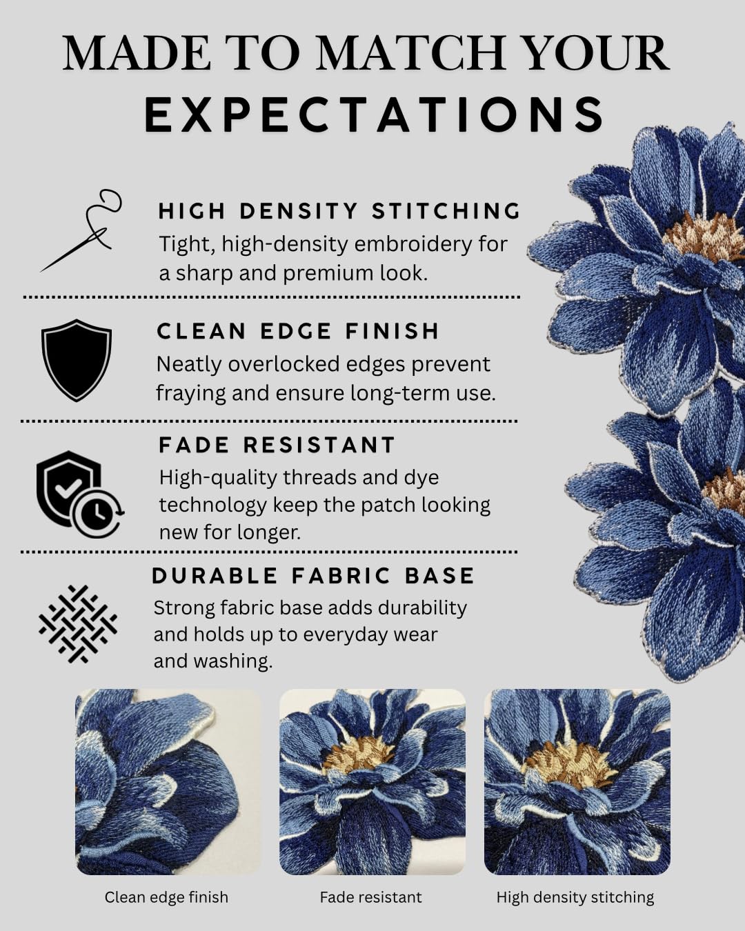 GARAAN - Machine Embroidered Applique, Embroidery Patch, Sew on Patches, DIY Projects, Dahlia Flower (Pack of 3) (Denim) 1