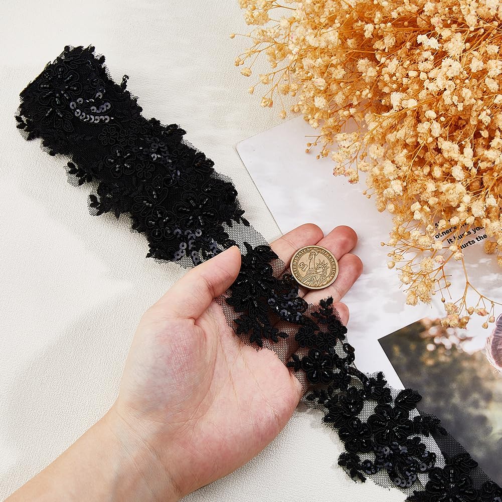DICOSMETIC 2Yards x 2-1/2 Inch(63mm) Black Embroidery Lace Appliques Rhinestone Beaded Flower Embroidery Lace Trim Luxury Trim Patches for Wedding Clothing Embellishments