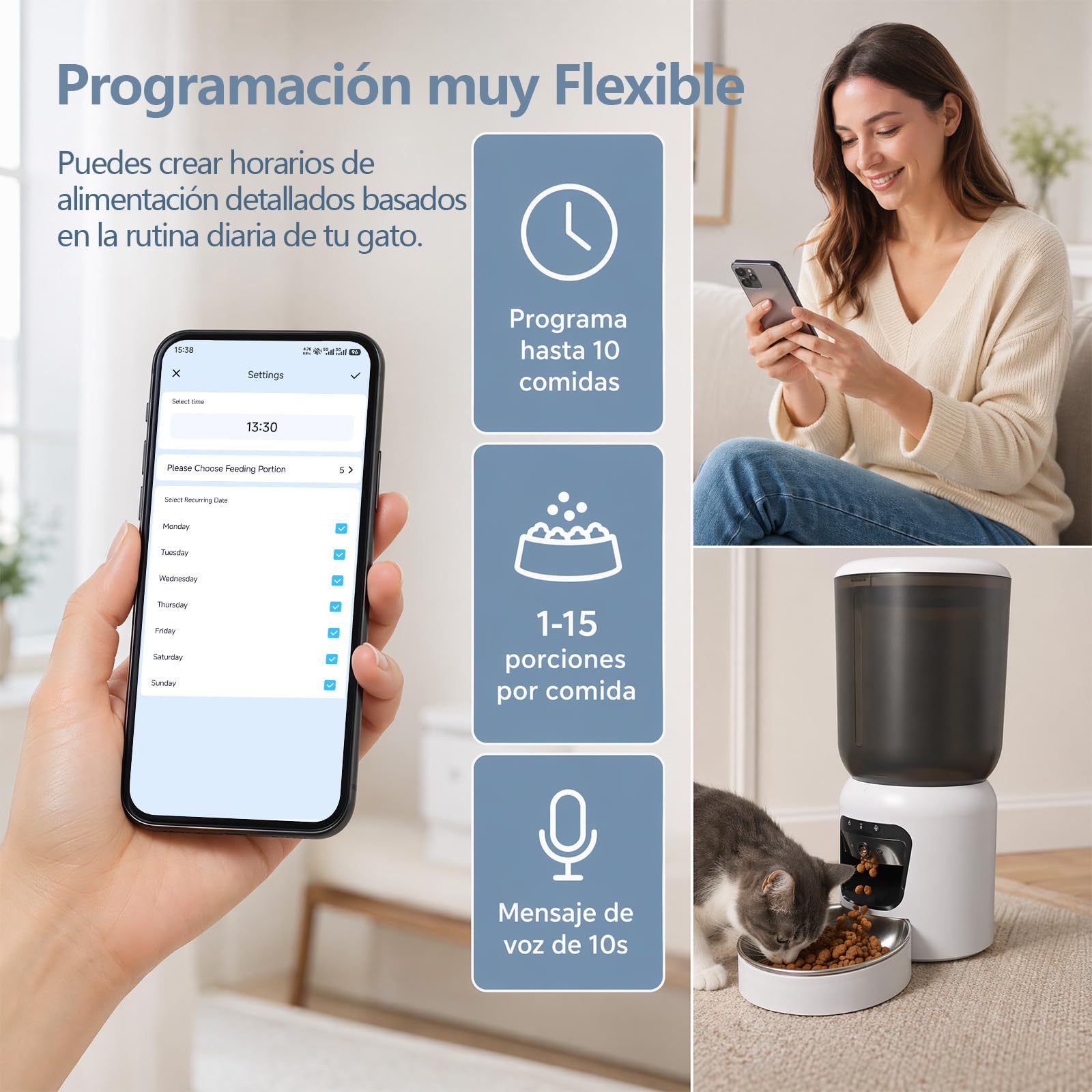 Comedero Gato Automatico con Cámara, 6L Dispensador WiFi 5G/2.4G | Visión Nocturna Color y Movimiento Detección, Comedero Inoxidable, Programación 10 Comidas, Voz Grabación, Batería Repuesto
