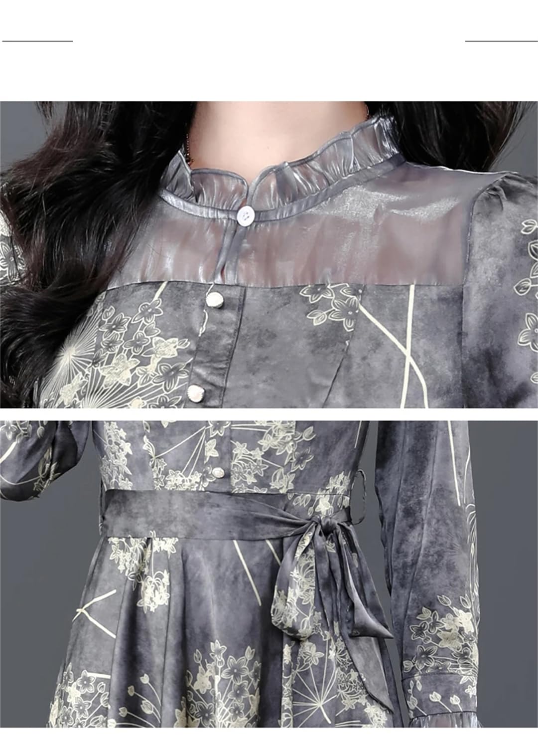 Vestido vintage de seda con estampado floral para mujer, manga larga, cuello alto falso, para fiesta, vestido midi, gris, S