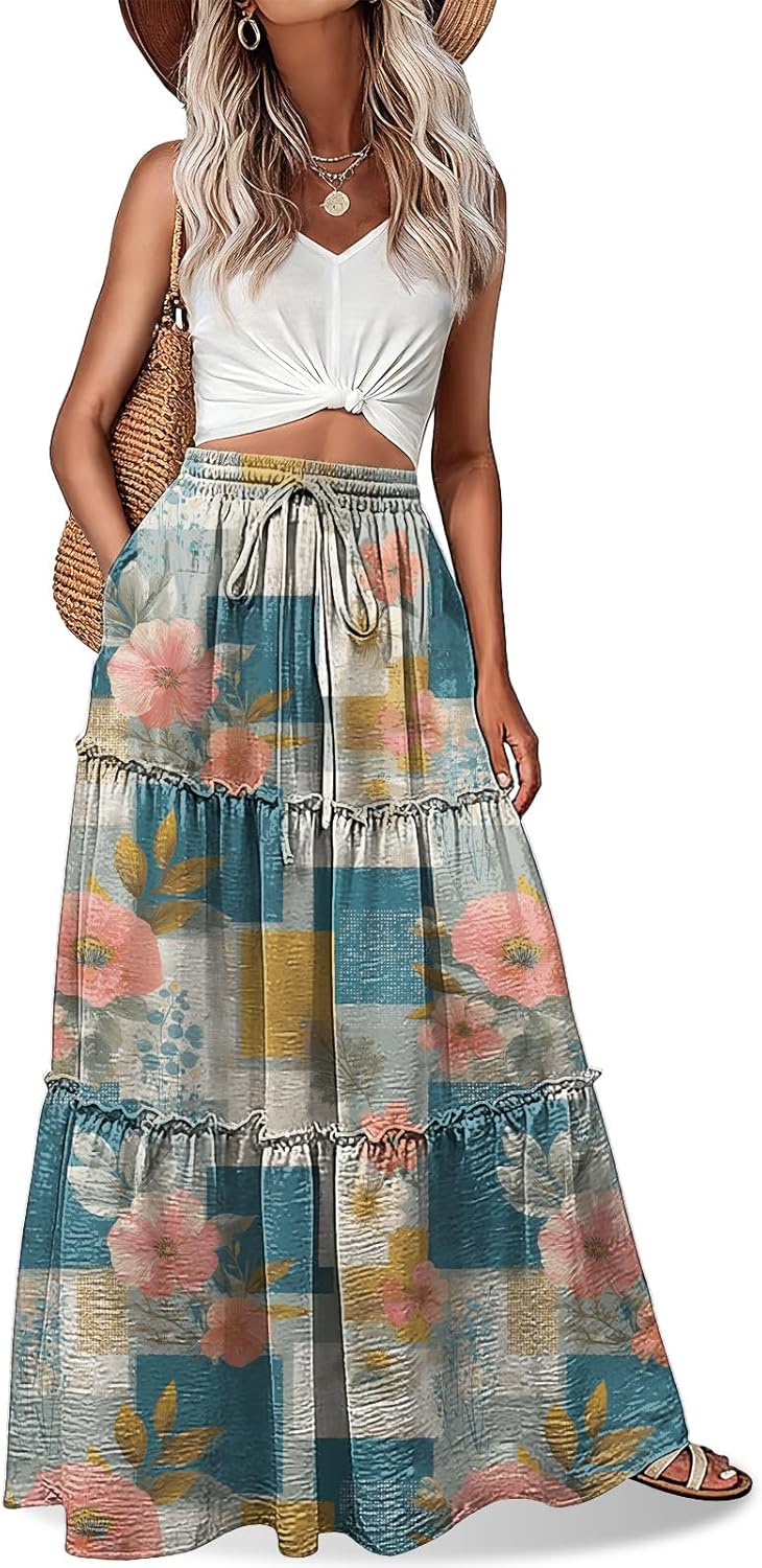 Womens Boho Maxi Skirt Summer Flowy Western Floral Maxi Skirts Elastic Drawstring Tiered Spring Vacation Dress Pockets