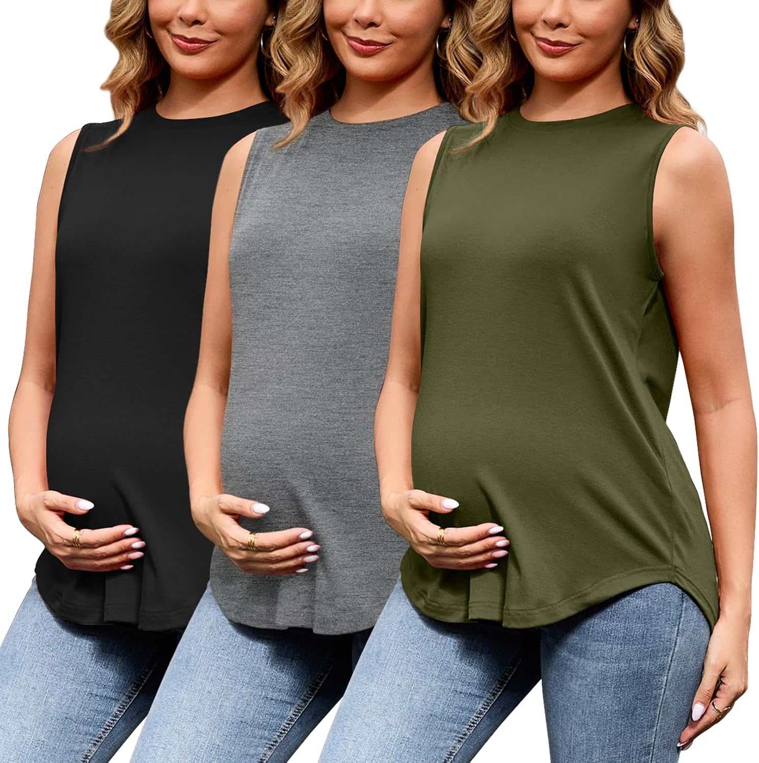 Bhome Maternity Tank Tops 3 Packs Loose Fit Maternity Workout Shirts Tunic Tee Round Neck Comfy Sleeveless Pregnancy Clothes