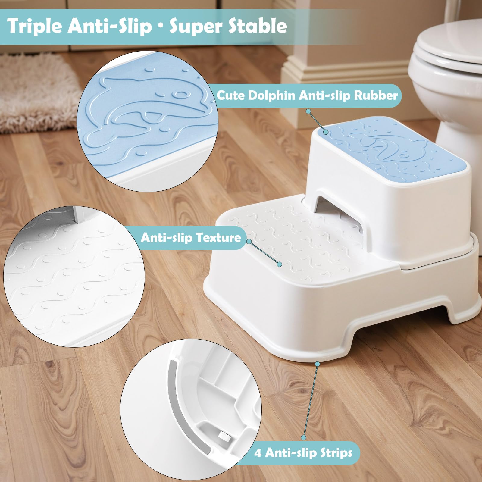 MangoHood Taburetes de 2 escalones para niños – Taburete multifuncional para inodoro para niños, taburete antideslizante para fregadero de baño, entrenamiento de orinal, cocina (azul-2 paquetes)