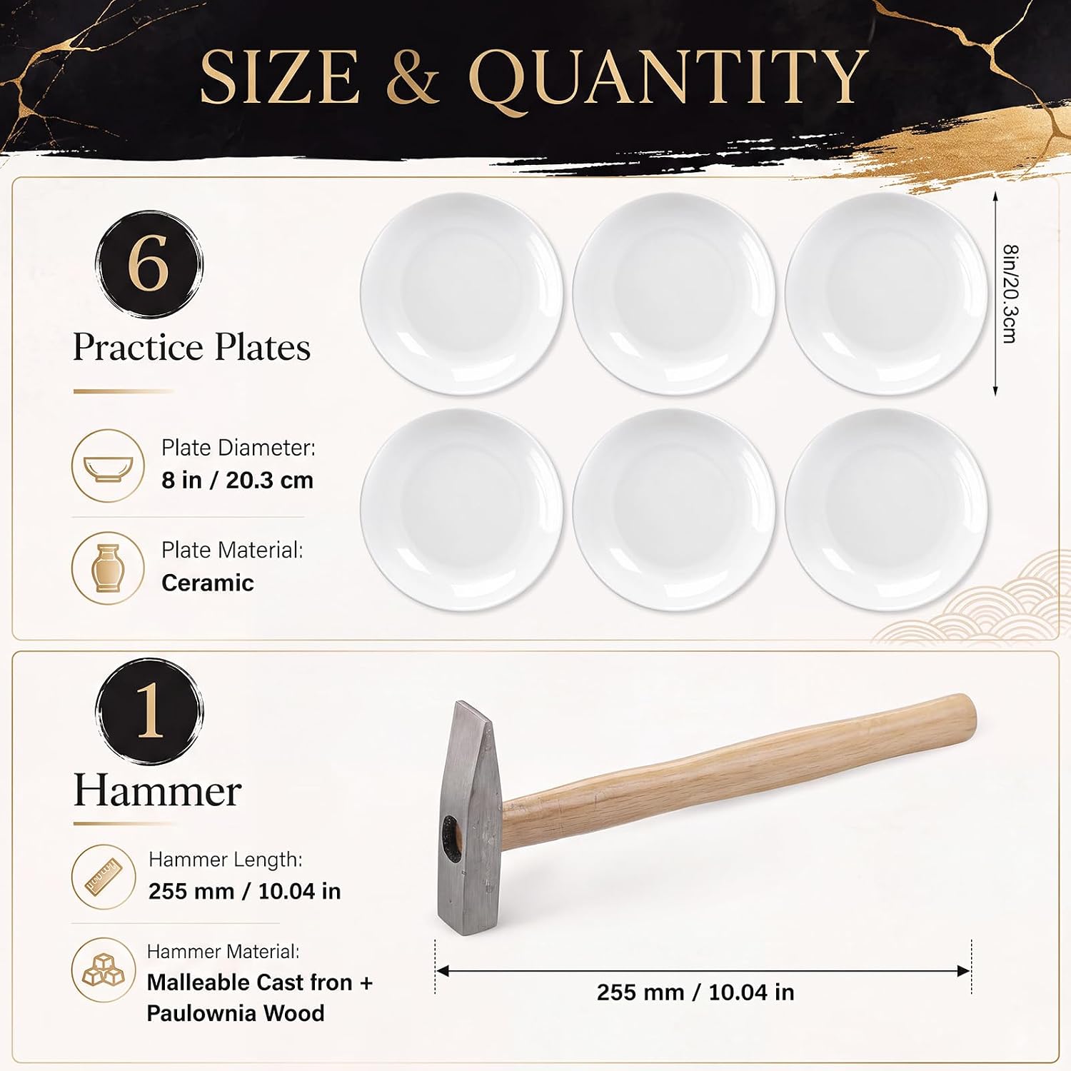 Kintsugi Repair Practice Kit for 6 White Ceramic Plates with Hammer