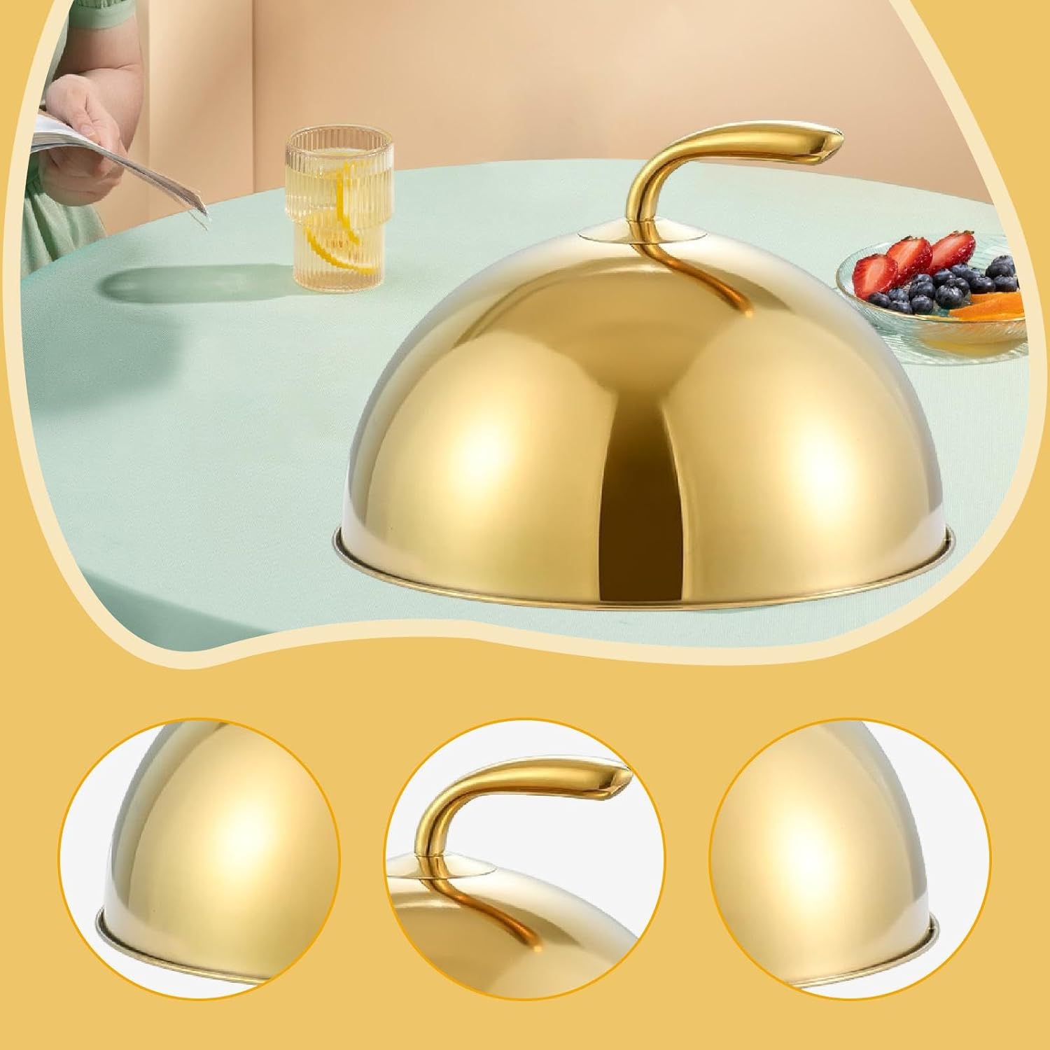 Stainless Steel, Serving Plate Cover, with Comfortable Handle, Dust Cover, for Indoor and Outdoor Use, Gold