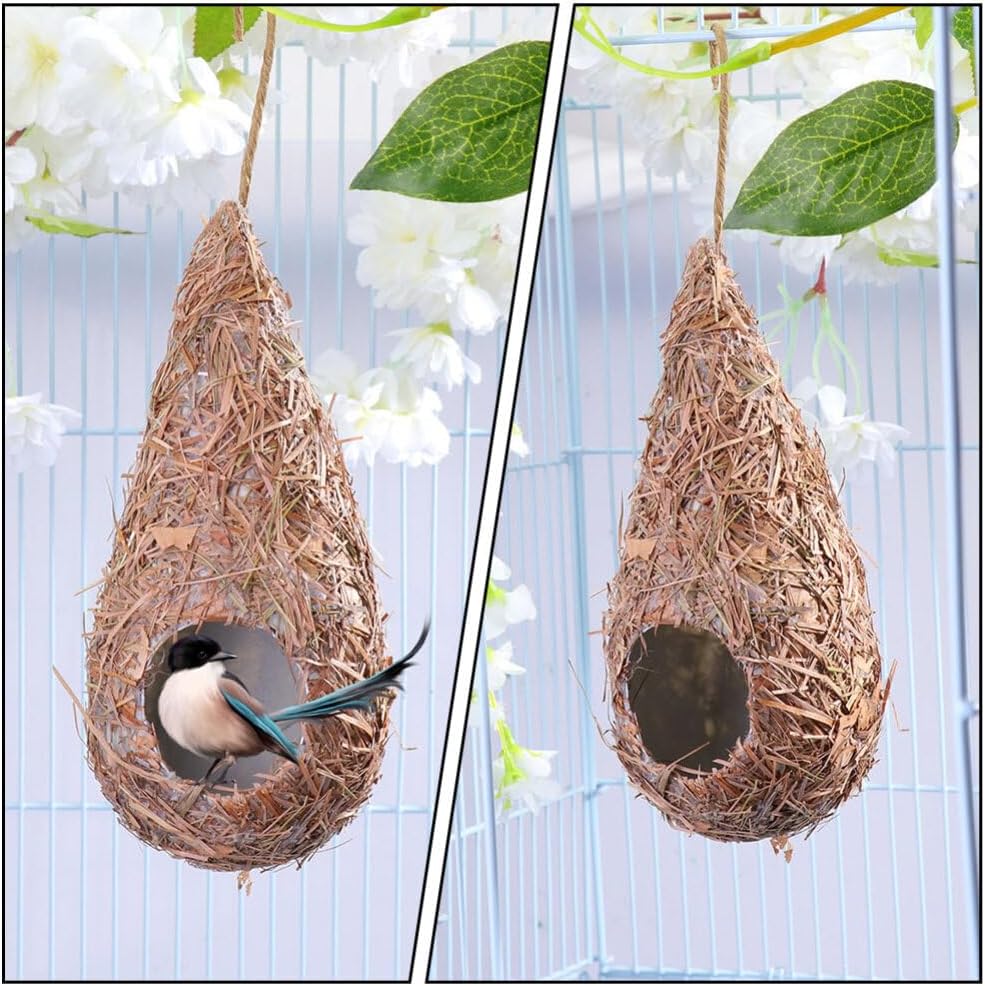 POPETPOP 4 Pcs Hanging Grass-Woven Simulated Bird Nests 9.05X2.75X3.14In Natural Straw Craft for Outdoor Garden Patio Birdhouses and Bird Decorations