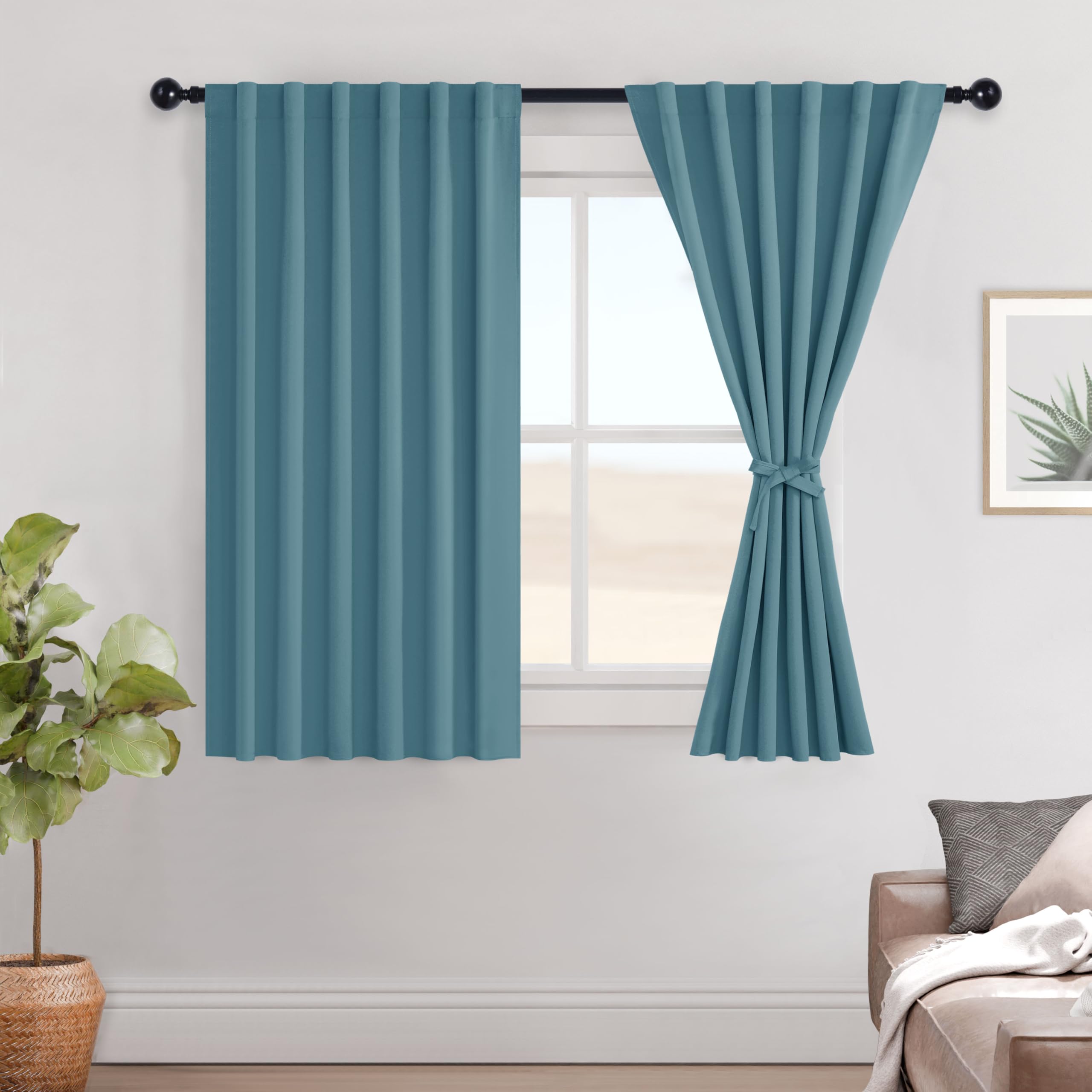 Hiasan Blackout Curtains for Bedroom Short Kitchen Curtains 45 Inch Length Thermal Insulated Rod Pocket Darkening Drapes with Tiebacks Energy