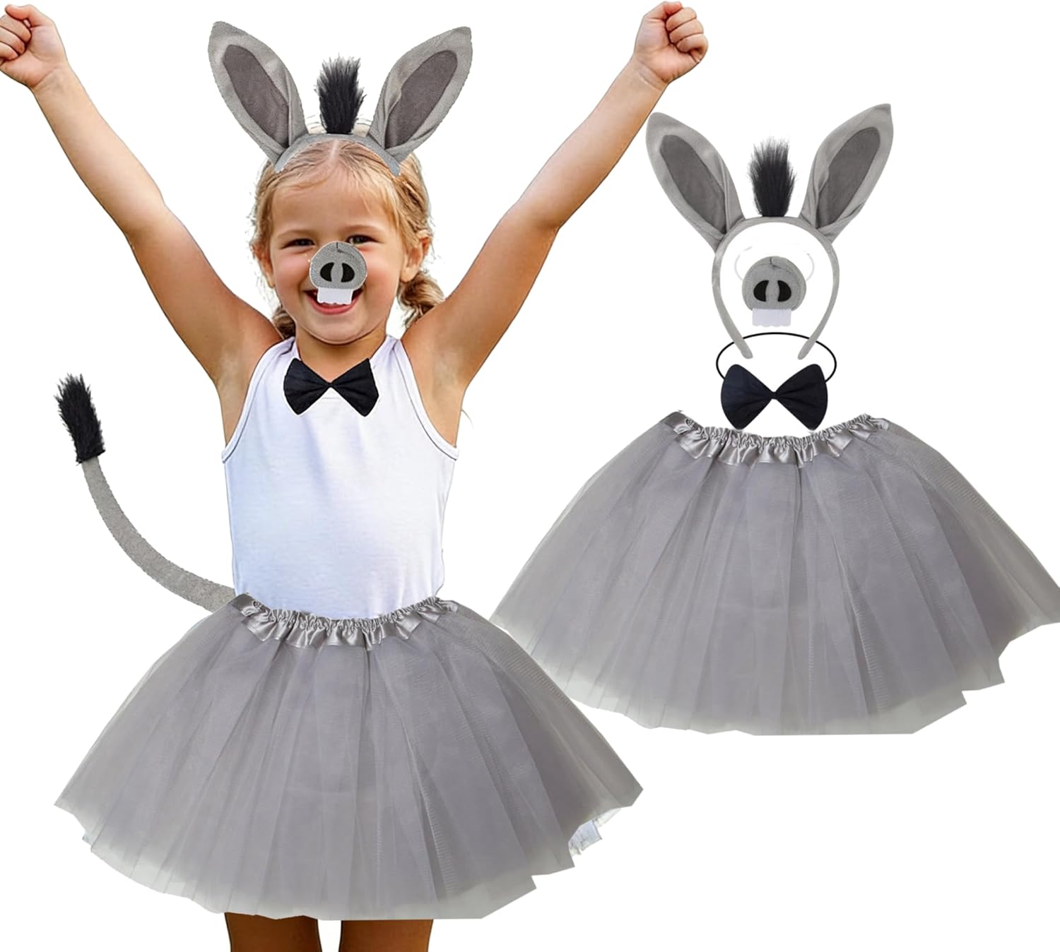 Kirei Sui 5-Piece Donkey Chef Hat Mouse Costume Set with Headband Bow Tie Nose Tail & Tutu Halloween Dress Up for Kids
