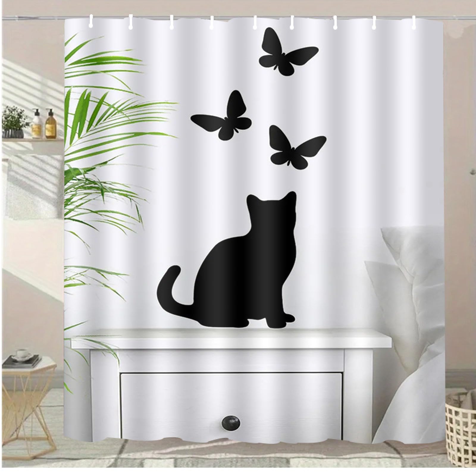 Rideau de douche chat noir et papillon en polyester imperméable 180x180 cm