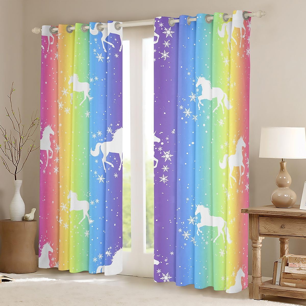 Feelyou Rainbow Unicorn Curtains for Bedroom Living Room Cute Rainbow Blackout Darkening Drapes Princess Decor Window Treatments, 2 Panels 42 x 90 Inch Glitter Colorful Room Decor image 2