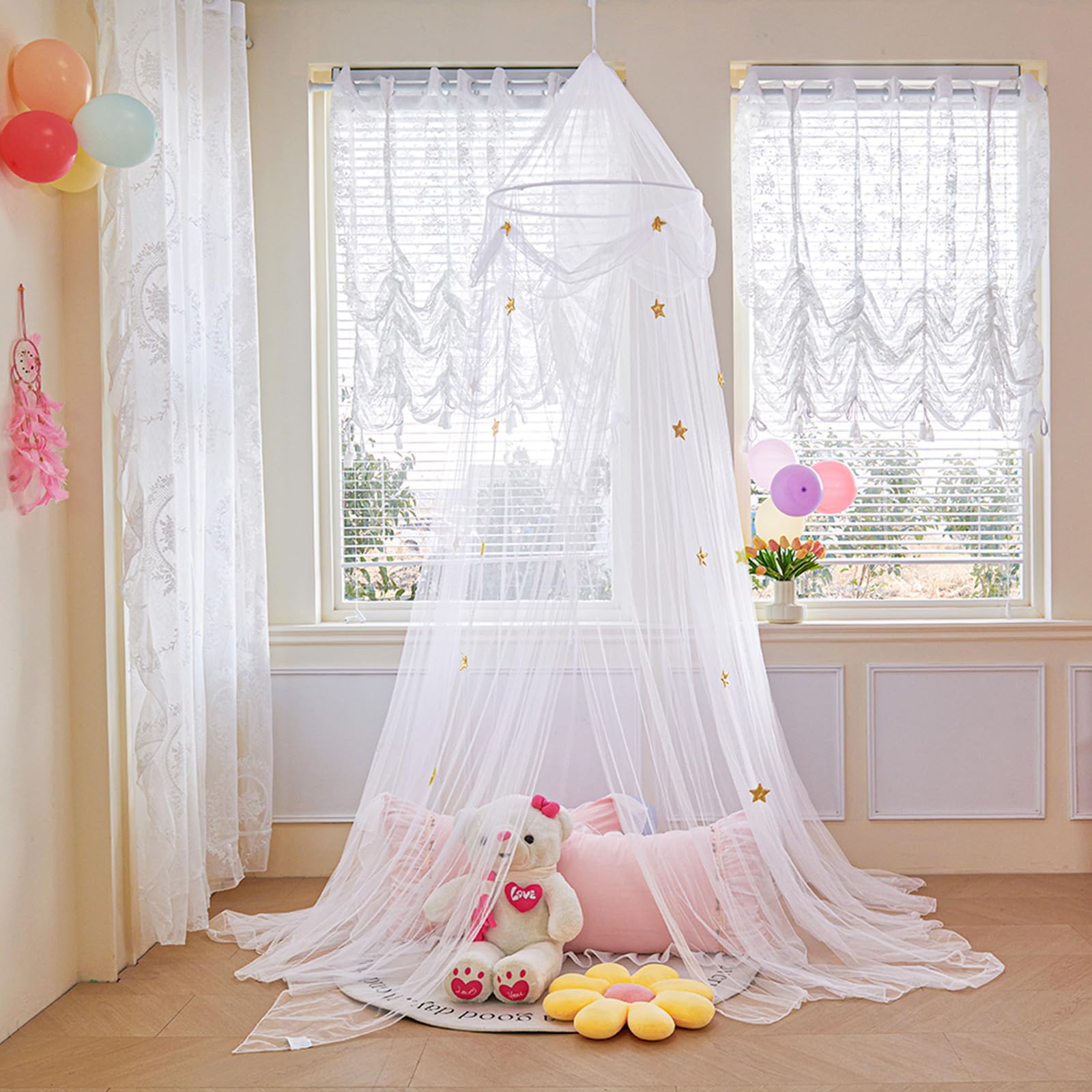 Lanpet Bed Canopy with Lights for Girls,Extra Large Dome Mosquito Net Reading Nook Canopy for Kids Boys Twin Full Queen Size Bed Indoor Decor Outdoor Camping, White, Fire Retardant Fabric