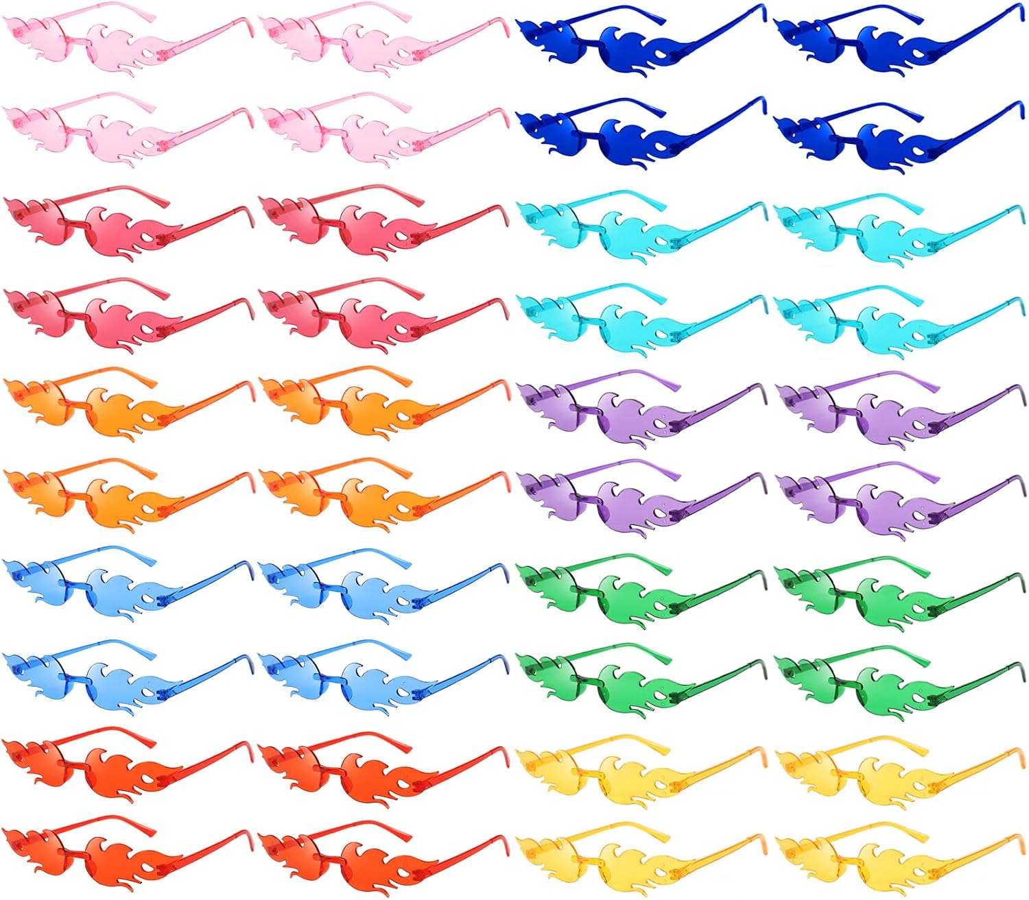 SUNOVELTIES 40 Pack Fire Flame Rimless Sunglasses Retro Colored Party Glasses Bulk Transparent Fun Eyeglasses Women Men