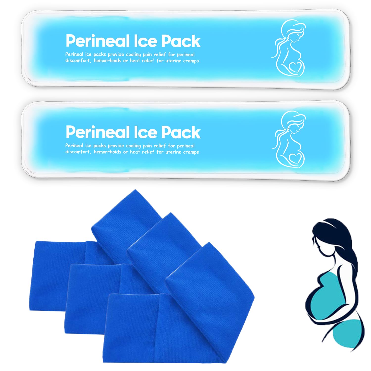 Impacchi di ghiaccio perineali riutilizzabili, emorroidi postpartum, cura del recupero del parto, 2 cuscinetti in gel + 3 maniche lavabili (blu)