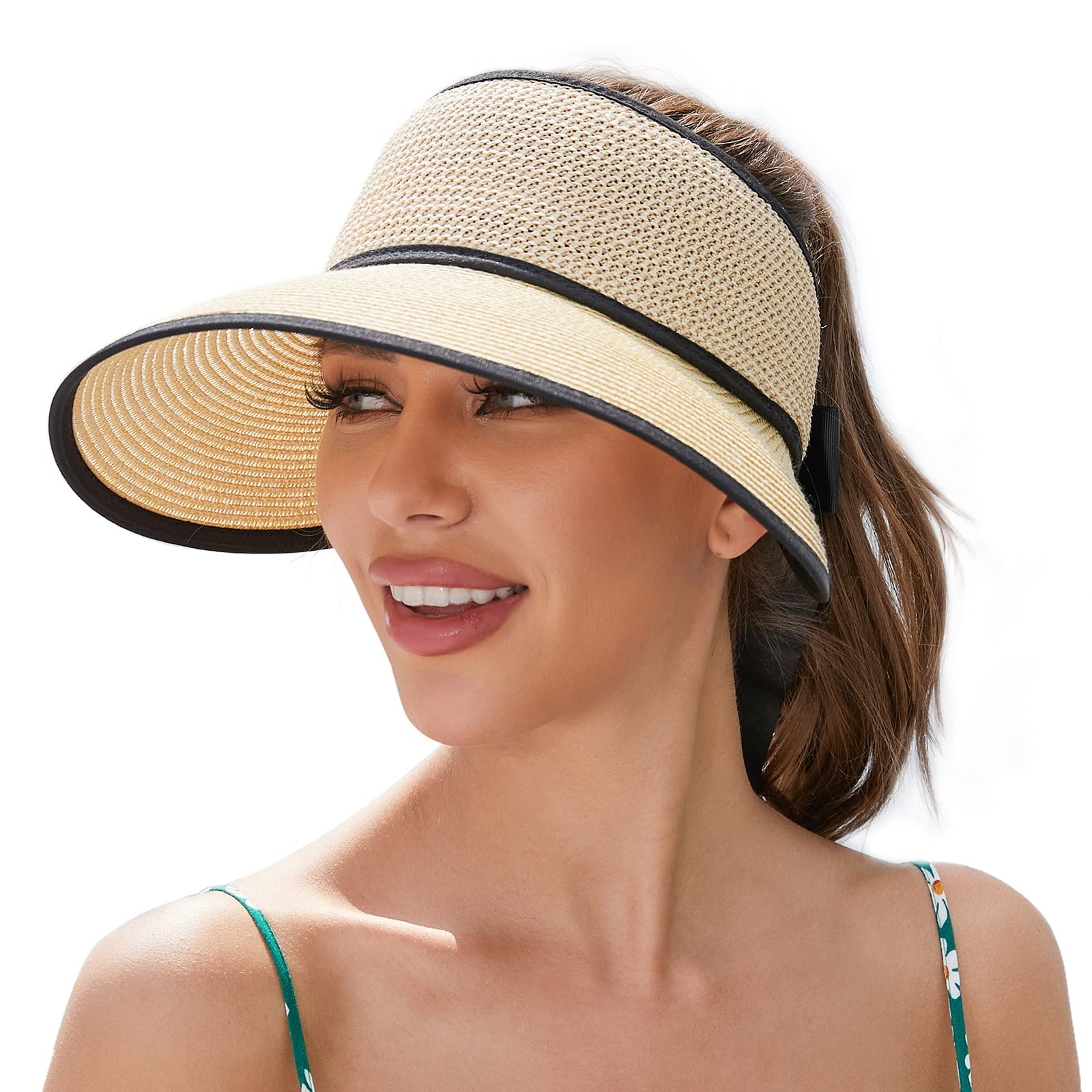 Women's Straw Visor Sun Hat, UPF 50+ Wide Brim Foldable Beach Sun Visor for  Women, Roll Up Adjustable Sun Visor Hat for Women, 02-khaki+ Beige, Large