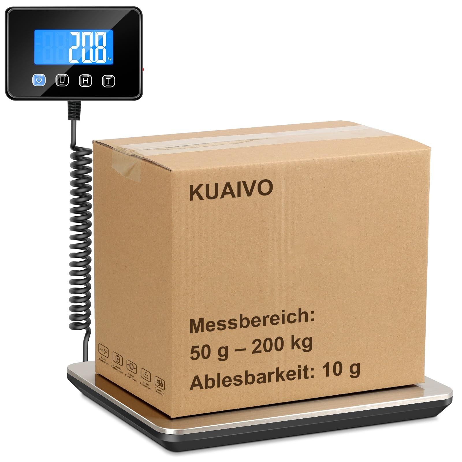 KUAIVO Paketwaage, 200kg/10g Hochpräzision Plattformwaage, Digitalwaage mit Hold/Tara Funktion, Postwaage aus Edelstahl für Pakete, Gepäck, Lagerhaus, Unternehmen und für den Hausgebrauch, Aufladbar