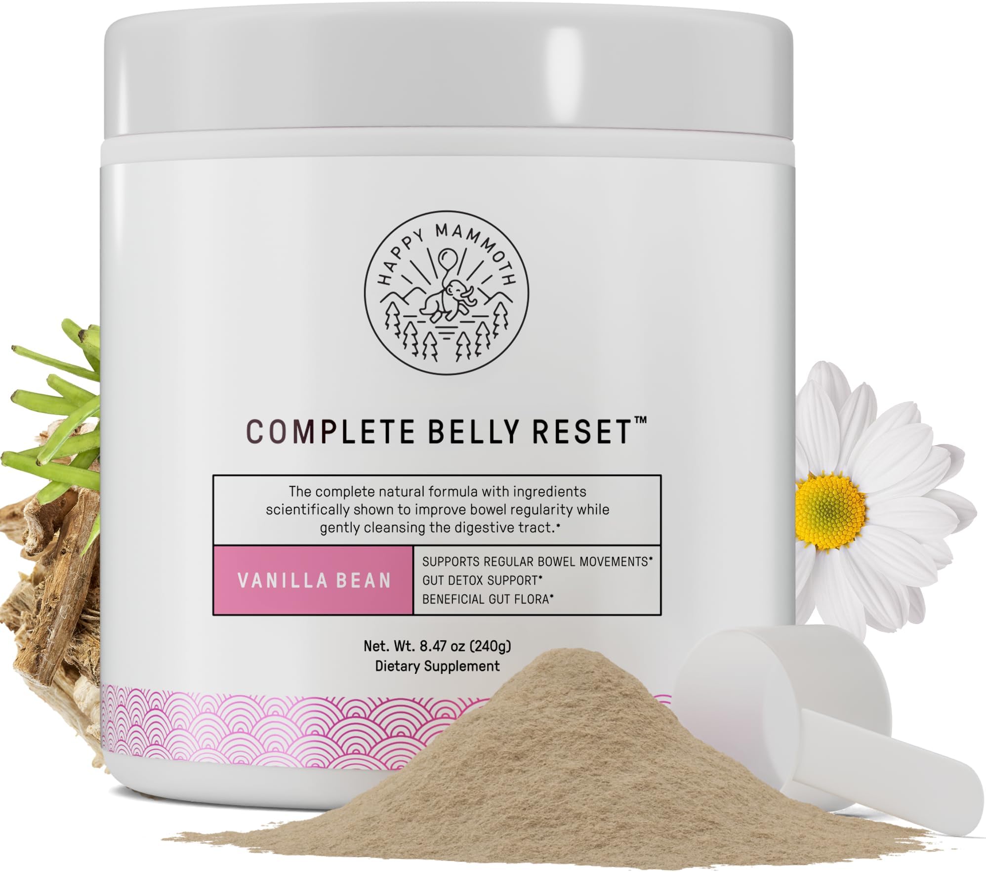 - Happy Mammoth Complete Belly Reset Digestive Health Supplement Powder for Men & Women, Supports Gut Health, Reduces Bloating & Gas, Promotes Bowel Regularity, 24 Servings Vanilla Flavor