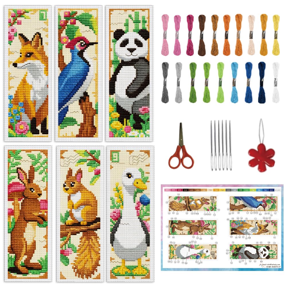 INFUNLY 6 Set Vintage Animal Cross Stitch Bookmark Kit 7.6x21.6 cm Pre Printed Counted Embroidery DIY Bookmark Kit with Instructions Blunt Needles Scissor Threader for Readers Writers
