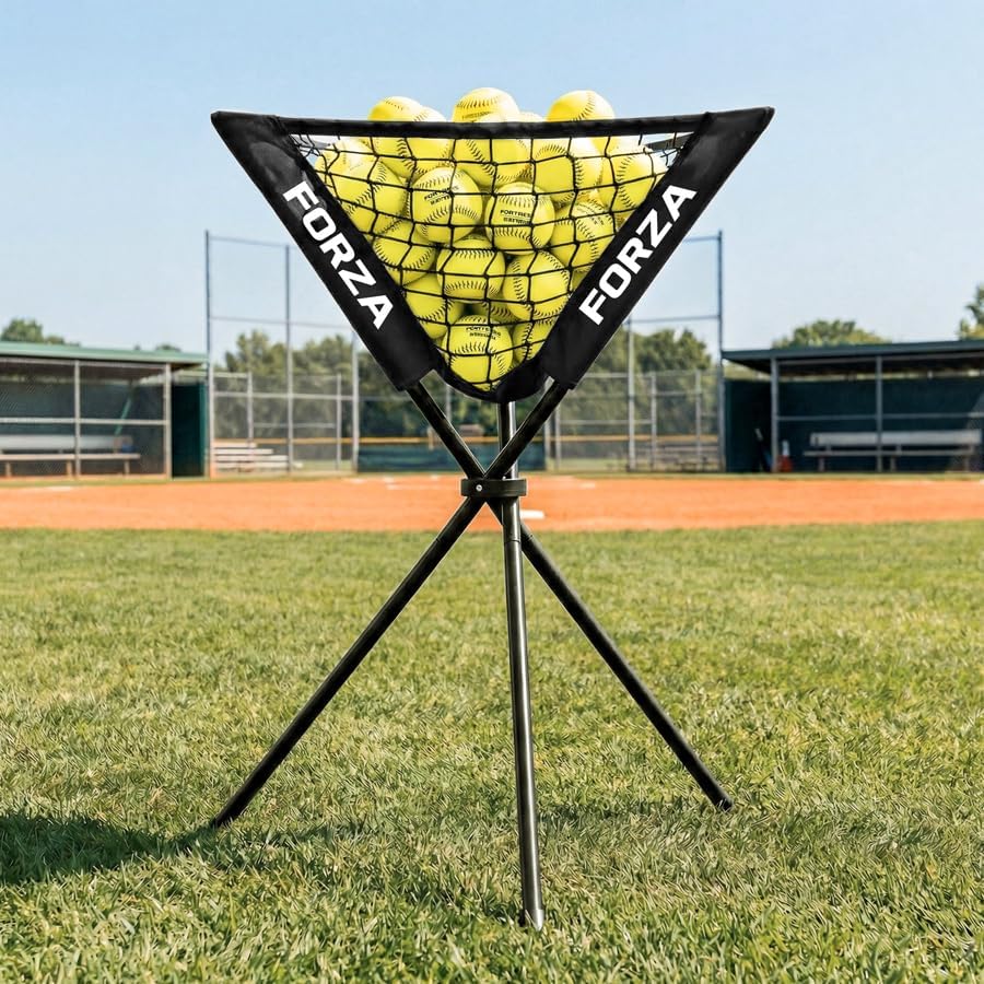 FORZA Portable Pop-Up Ball Caddy - Foldable Ball Hopper for Baseball, Softball & Cricket, 60 Ball Capacity, Metal Frame with Carry Bag