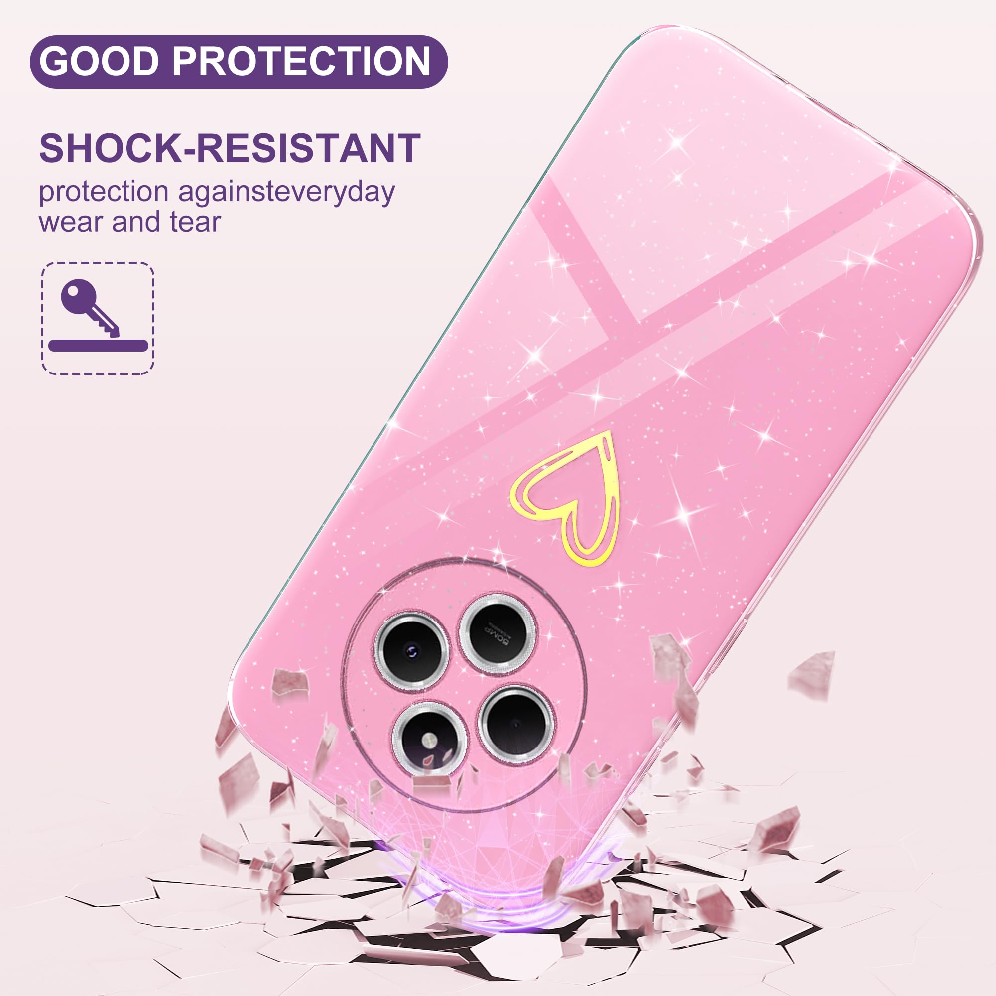 Custodia Glitter Per Xiaomi Redmi 14C 4G Con Motivo Cuore - Morbida TPU Antiurto, Viola Brillantini - Protezione Completa