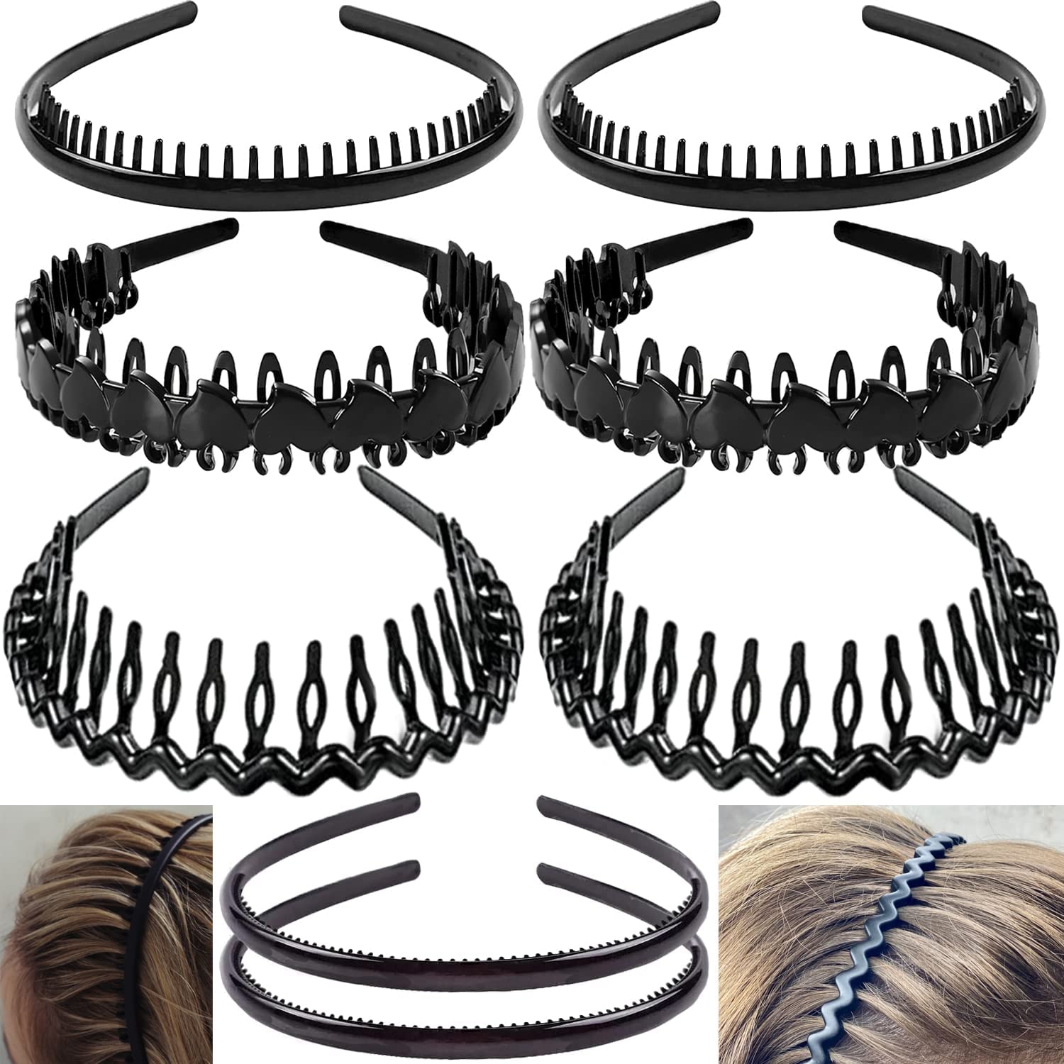 8 PCS Fashion Effortless Plastic Headbands with Teeth Comb Black Skinny Headbands No Slip Hair Accessories Bands for