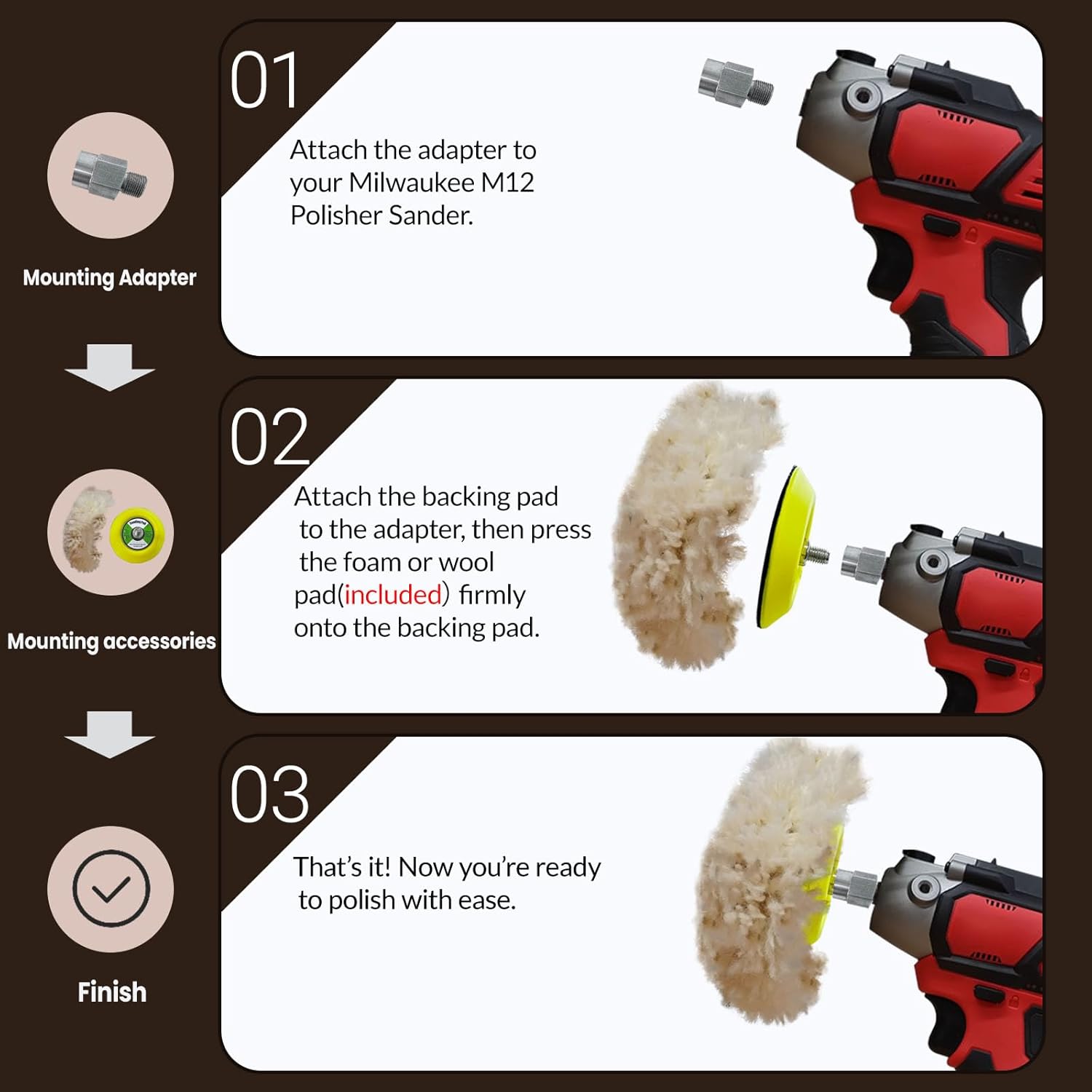 6 Pcs Buffing Polishing Kit for Milwaukee M12 Polisher/Sander,Includes M9 to 5/16"-24 Adapter, 3" Backing Pad, Sponge and Wool Buffing Pads - Image 7