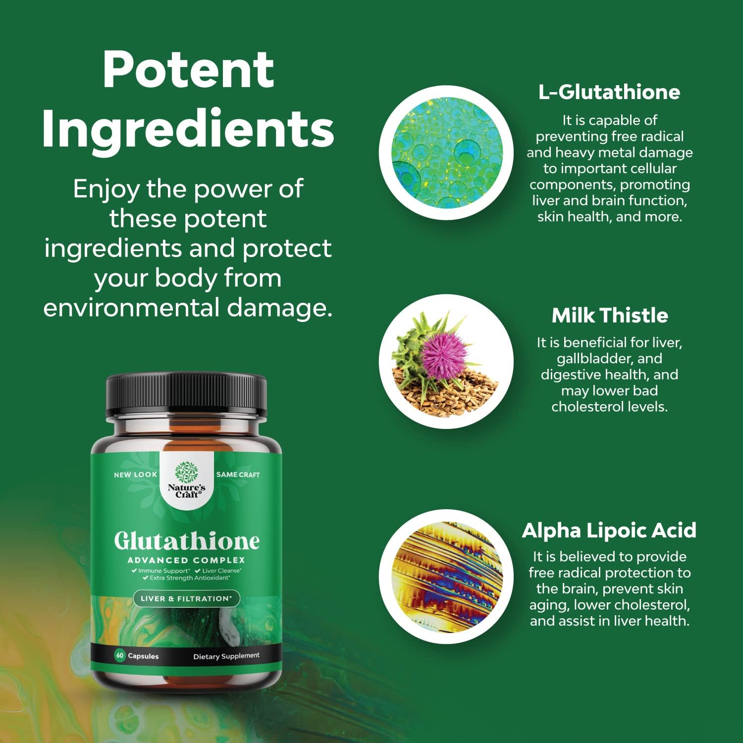 Glutathione Amino Acid Nutritional Supplement - Pure Glutathione Supplements for Liver Support - L Glutathione Pills with Glutamic Acid and Milk Thistle Seed Extract for Potent Immune Support