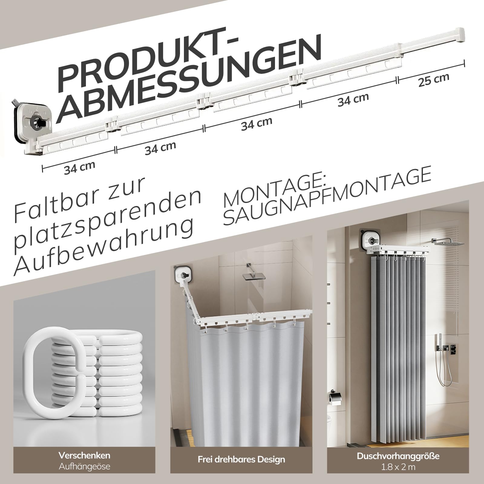 Rideau De Douche Sans Perçage, Tringle à Rideau De Douche Pliable Avec Ventouses, Rideau Douche (1,8x2m), Tige d'Angle avec Anneaux, pour Salles de Bain, Baignoire, Vestiaires(4 Plis)