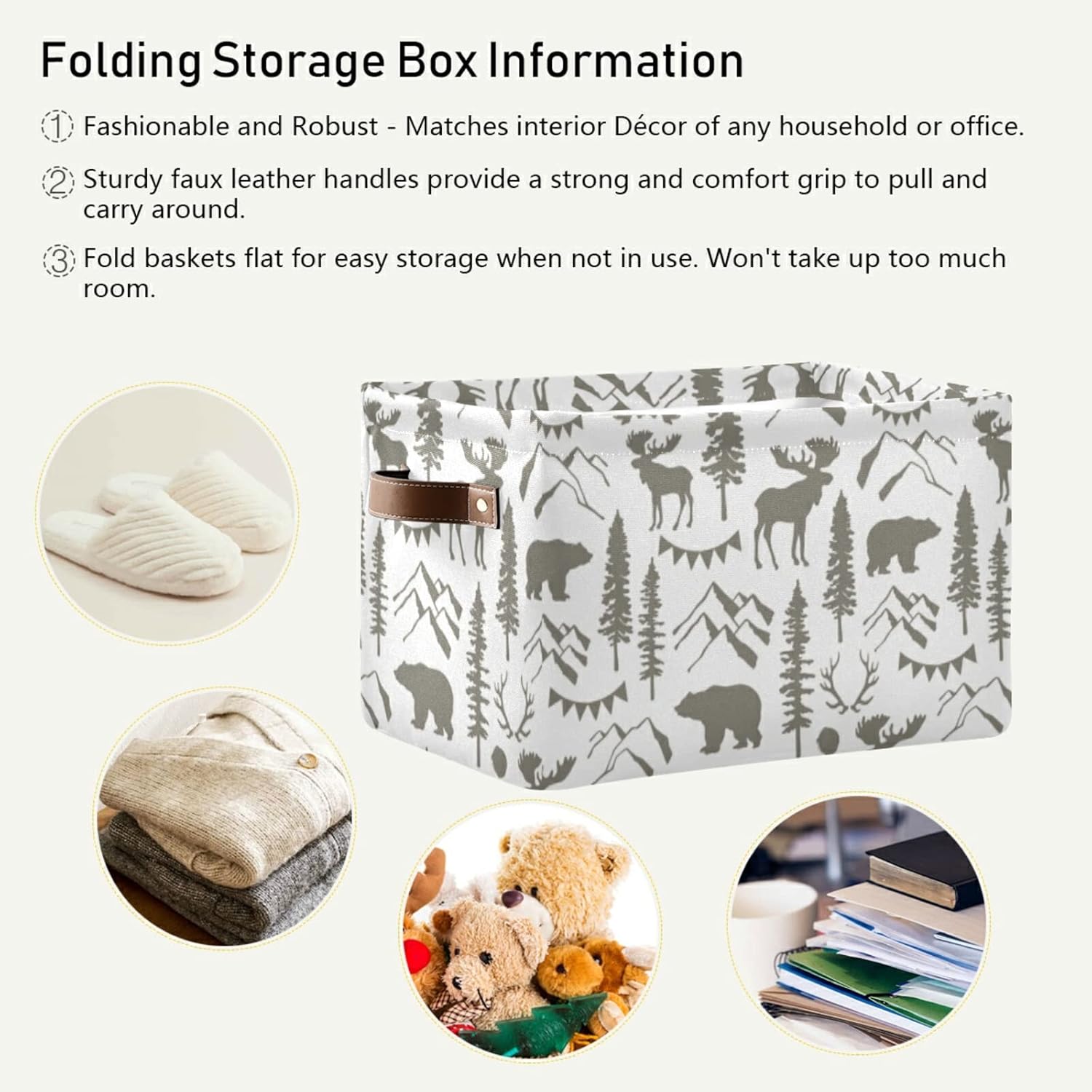 Forest Moose Bear Mountain Trees Wild Nature Retro Grey Style Rectangular Storage Basket Bin, Collapsible Storage Box with Leather Handles, Nursery Baskets Organizer for Kitchen, Kids Toy
