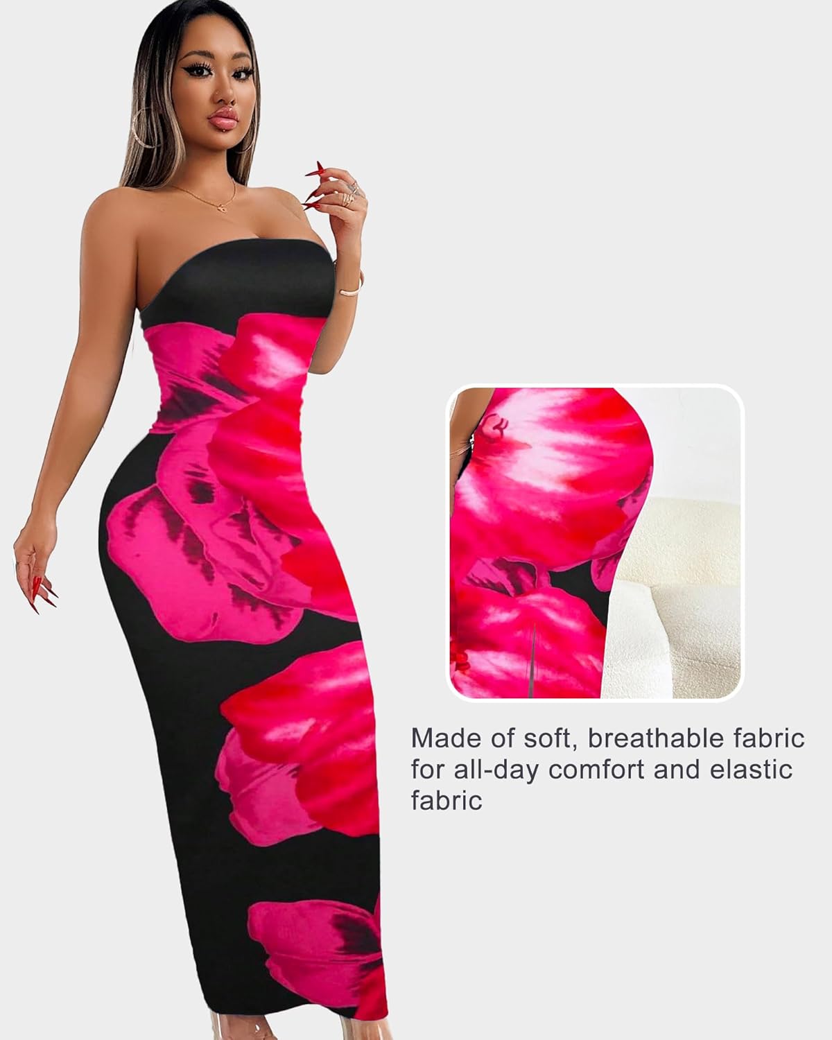Sliot Floral Print Strapless Bodycon Maxi Dress - Sexy Summer Beach Dress for Women, Tropical Vacation Sundress, Club Party - Image 4