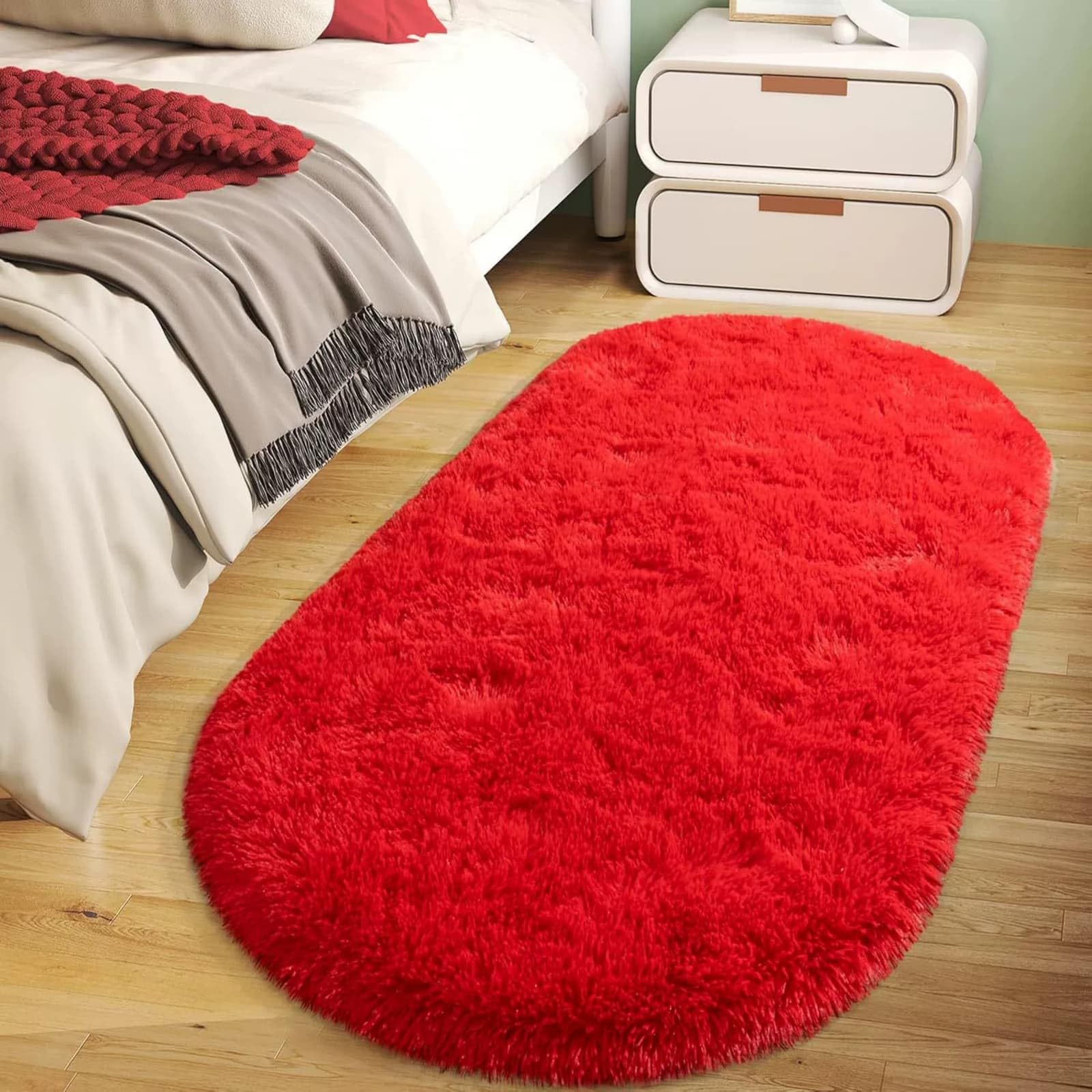 Hearda Fluffy Oval Rugs for Bedrooms, Large Shaggy Rugs for Living Room Soft Thick Pile Plush Floor Mat with Non Slip Bottom Modern Kids Carpet Play Mat for Bedside (Red,61x122cm)