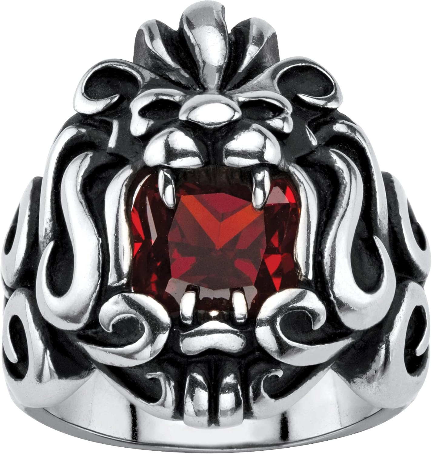 Palm Beach Jewelry Men's Stainless Steel Antiqued Square Cut Red Cubic Zirconia Lion's Head Ring