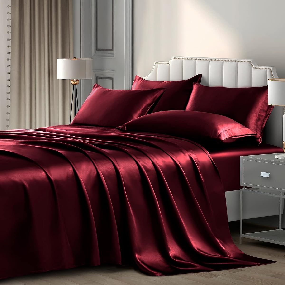 P Pothuiny 6-Piece Queen Satin Sheet Set Burgundy Silky Sheets | Luxury Similar to Silk Bed Sheets Bedding Set, Includes 1 Deep Pocket Satin Fitted Sheet + 1 Flat Sheet + 4 Pillowcases