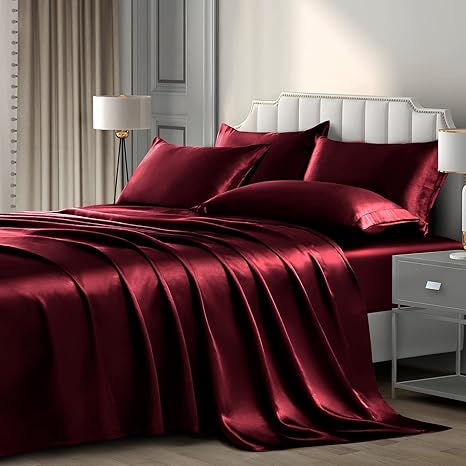 P Pothuiny 6 stuks queensize satijnen lakens luxe zijdezwart satijnen beddengoedset, 1 diepe zak hoeslaken 1 plat laken 4 kussenslopen