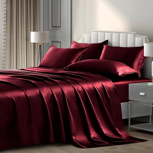 P Pothuiny 6 Pieces Queen Satin Sheets Luxury Silky Burgundy Satin Bedding Sheet Set, 1 Deep Pocket Fitted Sheet + 1 Flat Sheet + 4 Pillow Cases - Queen - Burgundy