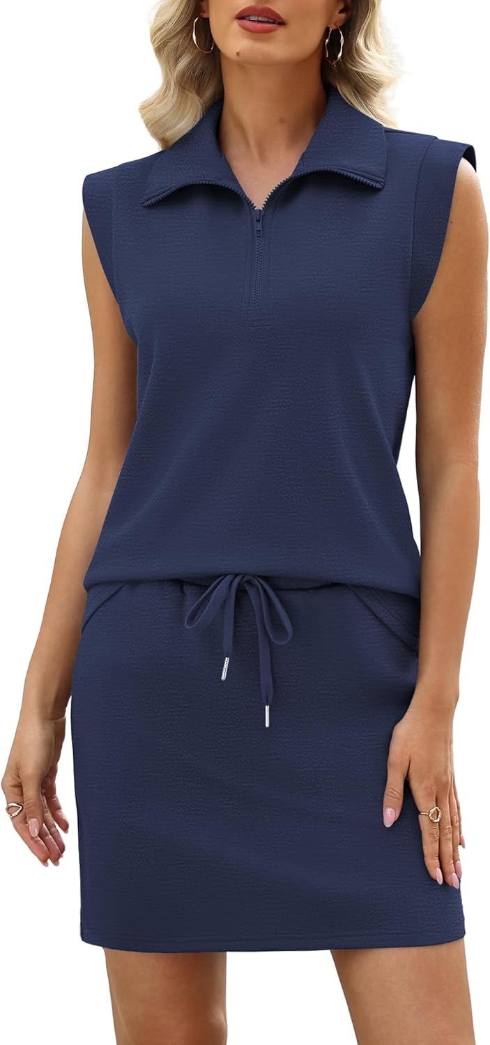 Casly Lamiit 2 Piece Skirt Sets for Women Summer Half Zip Travel Outfits Cap Sleeve Lapel Tops Matching Tennis Skirt