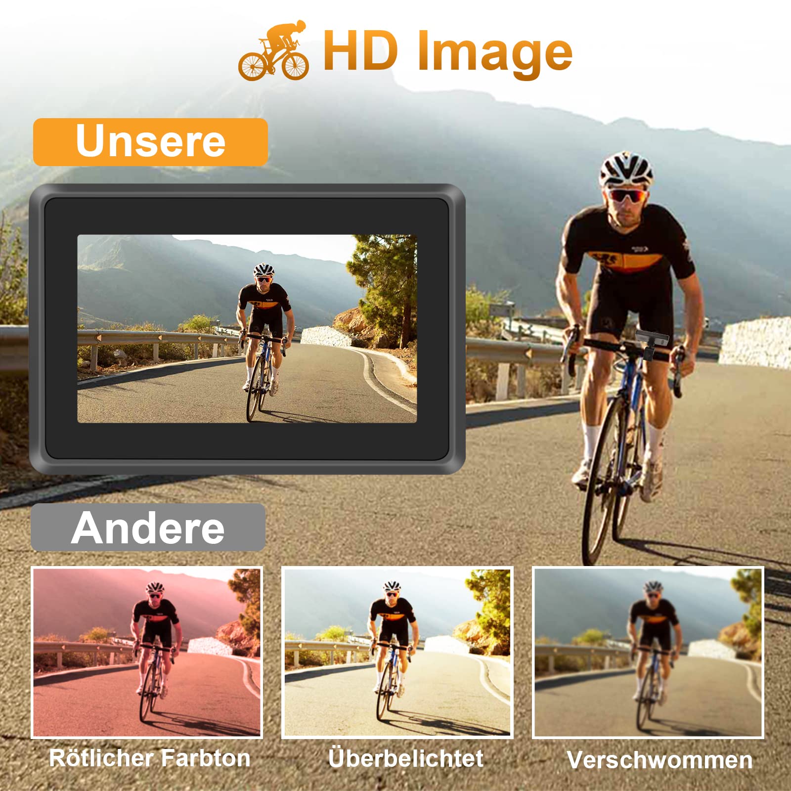 Fahrrad Rückfahrkamera HD mit Nachtsicht & 110° Weitwinkel | Universelle Lenkerspiegel-Kamera für E-Bike, Mountainbike, Rennrad (Plug & Play, kabelgebunden, Lenker Ø 20–30 mm)