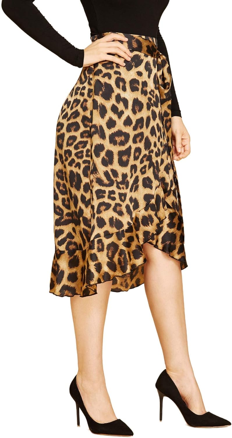 SheIn Women's Leopard Print Ruffle Hem Casual Midi Warp Skirt Small Multicolor